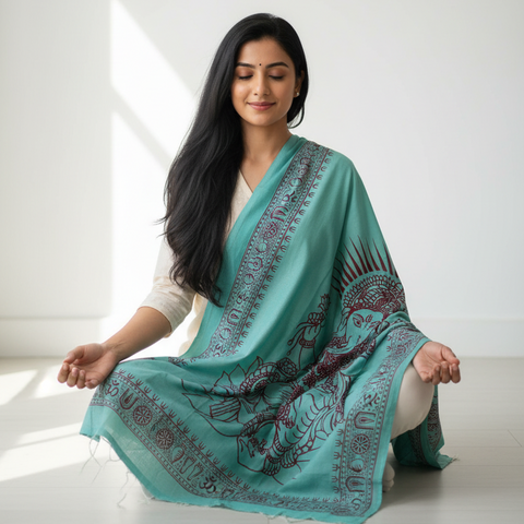 Turquoise Ganesh Print Rayon Sarong