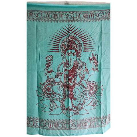 Turquoise Ganesh print rayon sarong - full flat view