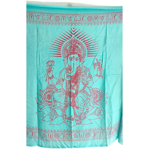 Turquoise Ganesh print rayon sarong - draped worn view