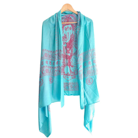 Turquoise Ganesh print rayon sarong - border and print close-up