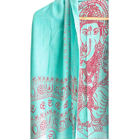 Turquoise Ganesh print rayon sarong - full flat view