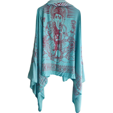Turquoise Ganesh print rayon sarong - draped worn view