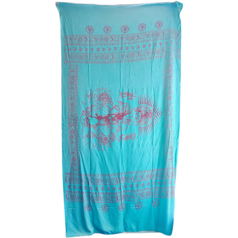 Turquoise Ganesh print rayon sarong - border and print close-up