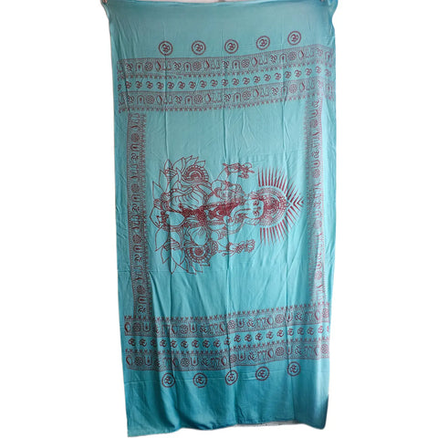 Turquoise Ganesh print rayon sarong - full flat view