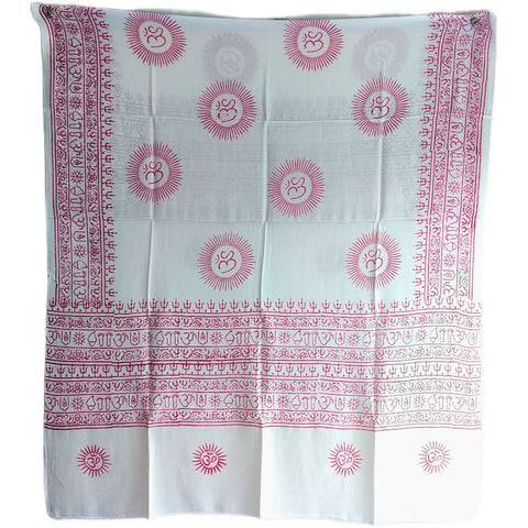 White Om Sun Mandala print rayon sarong - full flat view