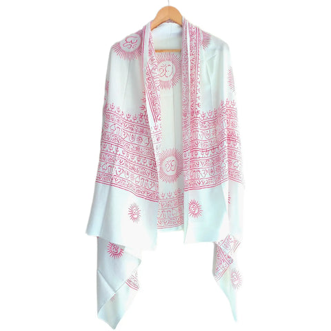 White Om Sun Mandala print rayon sarong - border and print close-up