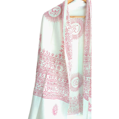 White Om Sun Mandala print rayon sarong - full flat view