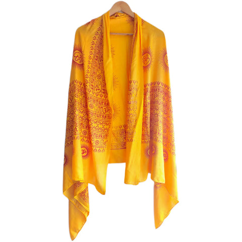 Mustard Yellow Om Sun Mandala print rayon sarong - draped worn view