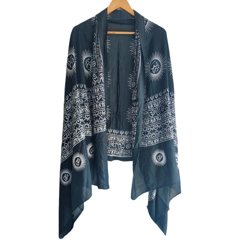 Navy Blue Om Sun Mandala print rayon sarong - draped worn view