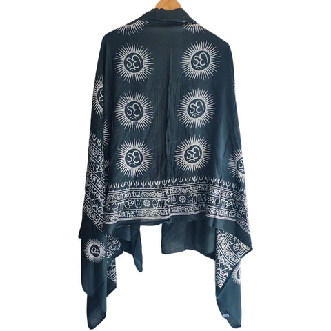 Navy Blue Om Sun Mandala print rayon sarong - full flat view