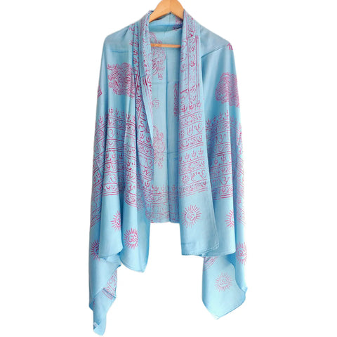 Sky Blue Ganesh print rayon sarong - draped worn view