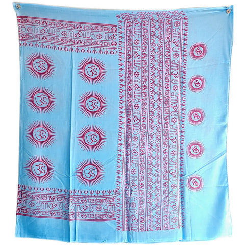 Powder Blue Om Sun Mandala print rayon sarong - full flat view
