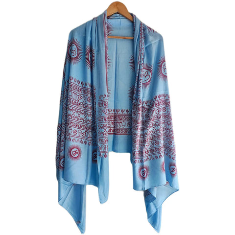Powder Blue Om Sun Mandala print rayon sarong - draped worn view