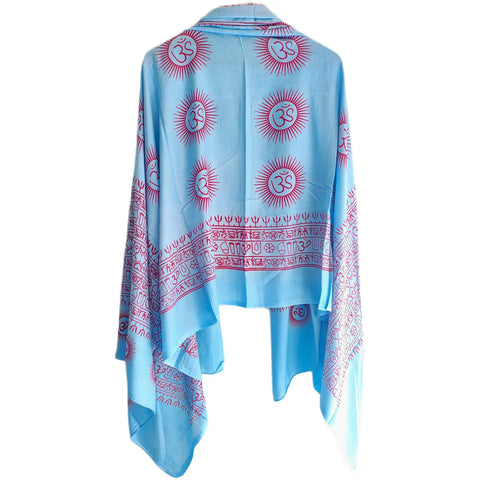 Powder Blue Om Sun Mandala print rayon sarong - full flat view