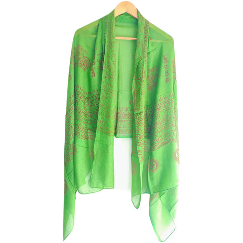 Emerald Green Ganesh print rayon sarong - border and print close-up