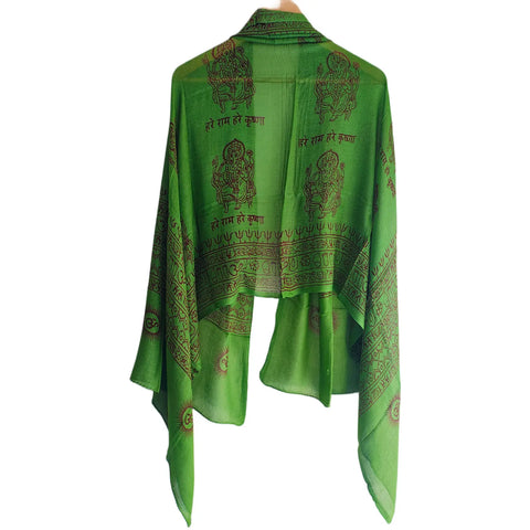 Emerald Green Ganesh print rayon sarong - border and print close-up