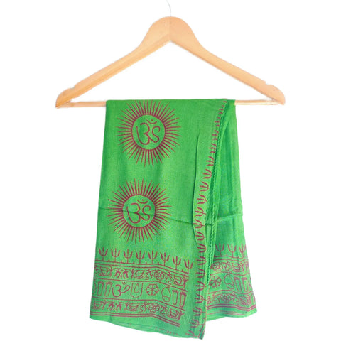 Bright Green Om Sun Mandala print rayon sarong - full flat view