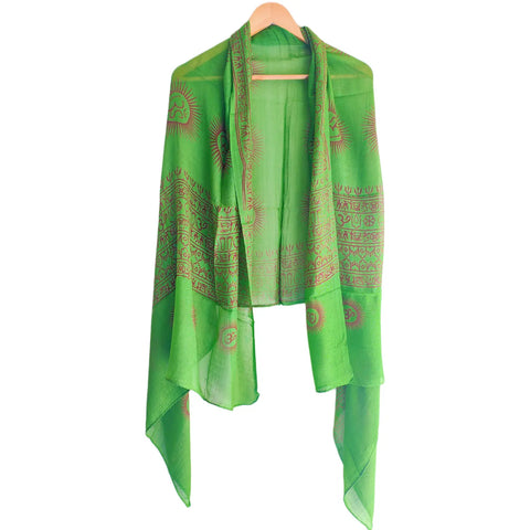 Bright Green Om Sun Mandala print rayon sarong - border and print close-up