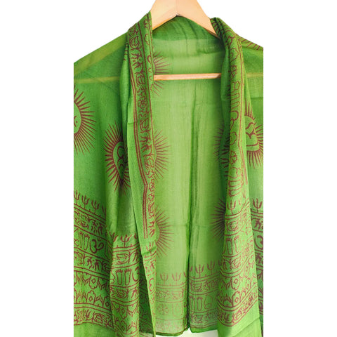Bright Green Om Sun Mandala print rayon sarong - full flat view