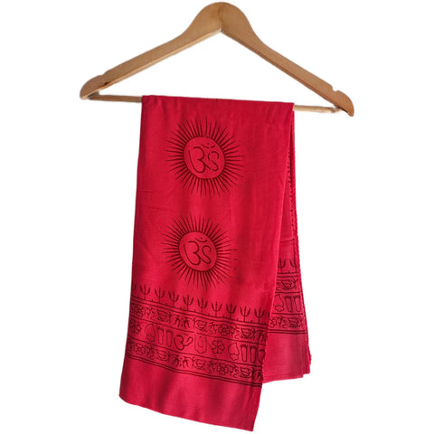Crimson Red Om Sun Mandala print rayon sarong - full flat view