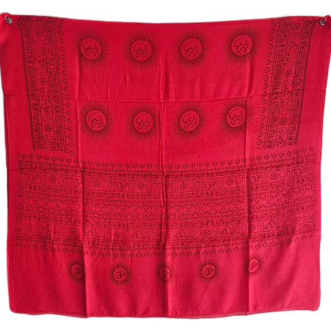 Crimson Red Om Sun Mandala print rayon sarong - draped worn view