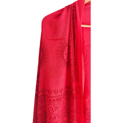 Crimson Red Om Sun Mandala print rayon sarong - full flat view