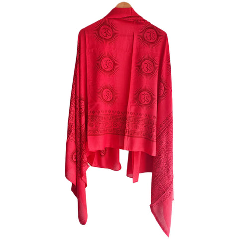 Crimson Red Om Sun Mandala print rayon sarong - draped worn view