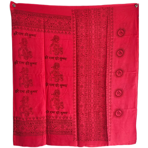 Scarlet Red Krishna print rayon sarong - draped worn view