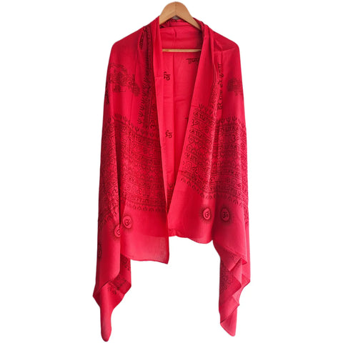 Scarlet Red Krishna print rayon sarong - border and print close-up