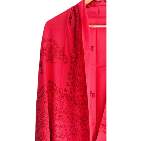 Scarlet Red Krishna print rayon sarong - full flat view