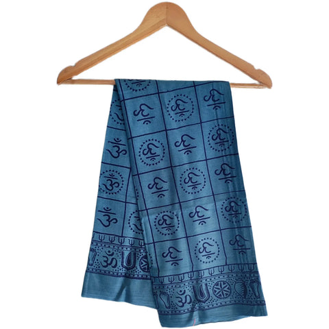 Steel Teal Om Symbol Grid print rayon sarong - full flat view