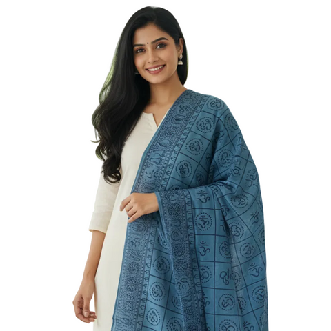 Steel Teal Om Symbol Grid Print Rayon Sarong