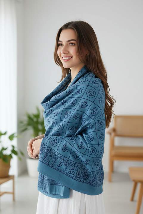 Steel Teal Om Symbol Grid Print Rayon Sarong