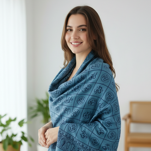 Steel Teal Om Symbol Grid Print Rayon Sarong