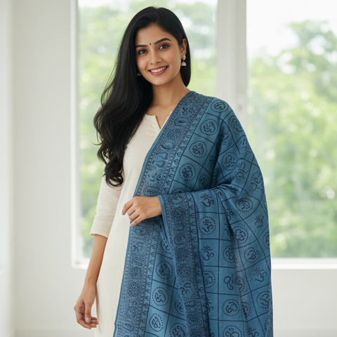 Steel Teal Om Symbol Grid Print Rayon Sarong
