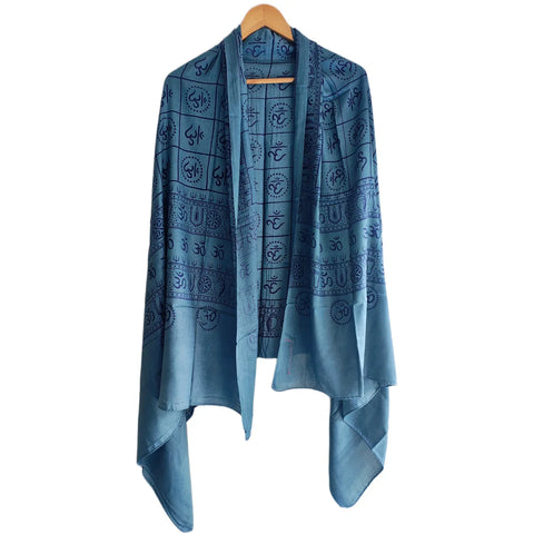 Steel Teal Om Symbol Grid print rayon sarong - border and print close-up