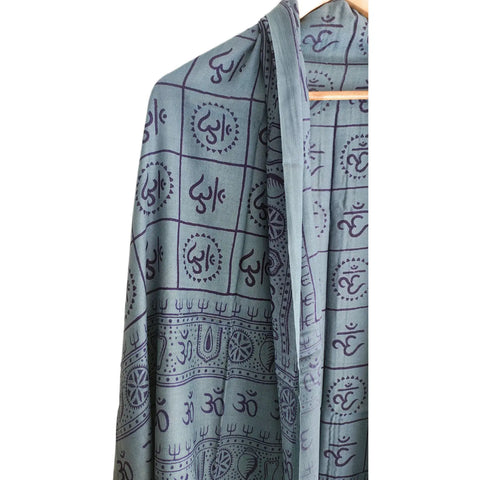 Steel Teal Om Symbol Grid print rayon sarong - full flat view