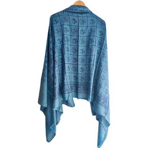Steel Teal Om Symbol Grid print rayon sarong - draped worn view