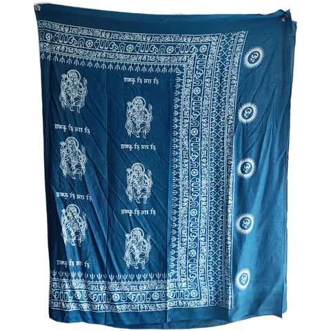 Teal Blue Ganesh print rayon sarong - full flat view