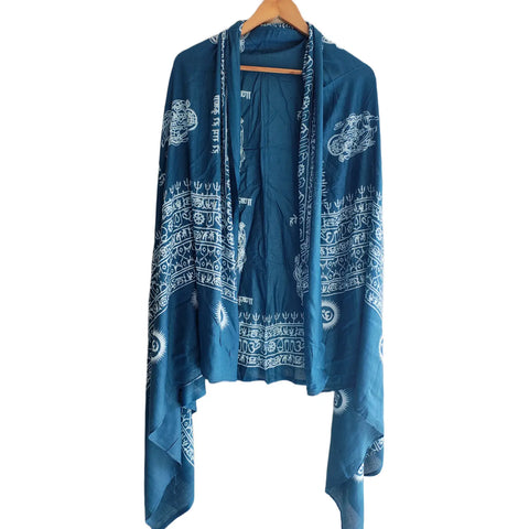 Teal Blue Ganesh print rayon sarong - draped worn view
