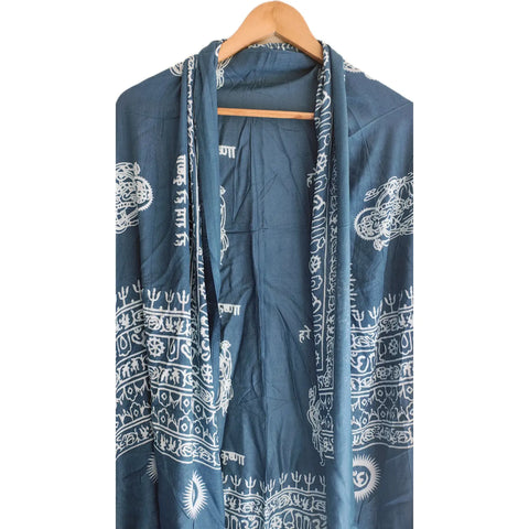 Teal Blue Ganesh print rayon sarong - border and print close-up