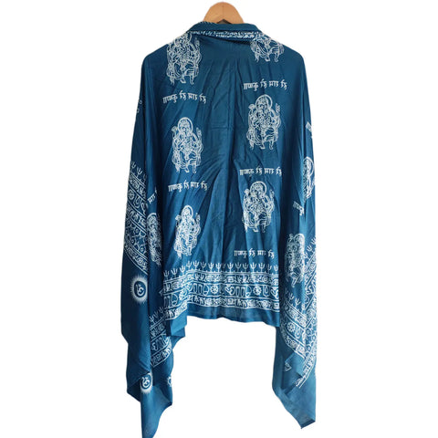 Teal Blue Ganesh print rayon sarong - full flat view