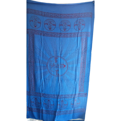 Cornflower Blue Om Sun Mandala print rayon sarong - draped worn view