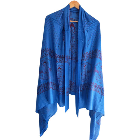 Cornflower Blue Om Sun Mandala print rayon sarong - border and print close-up