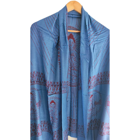 Cornflower Blue Om Sun Mandala print rayon sarong - full flat view