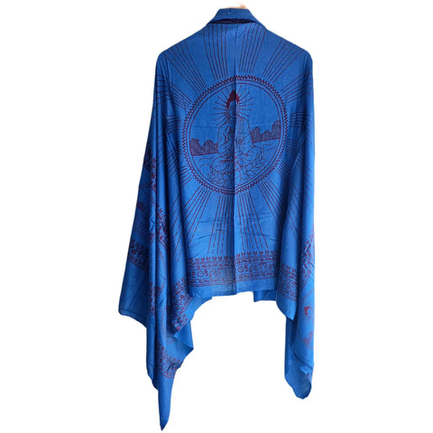 Cornflower Blue Om Sun Mandala print rayon sarong - border and print close-up