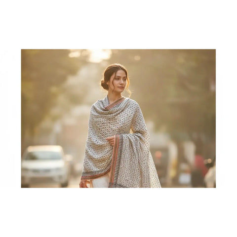 Off-white cotton dupatta with navy blue geometric block print and red border – ISVSPC01