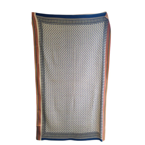 Navy blue geometric block print on off-white cotton dupatta with red selvedge border detail