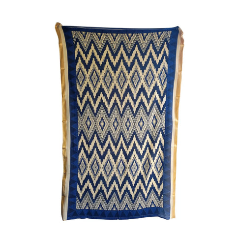 Navy blue cotton dupatta with white ikat zigzag print and golden yellow border – ISVSPC02