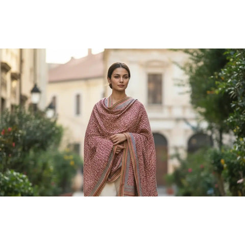 Varanasi printed cotton dupatta in vibrant rust red with all-over white geometric pattern